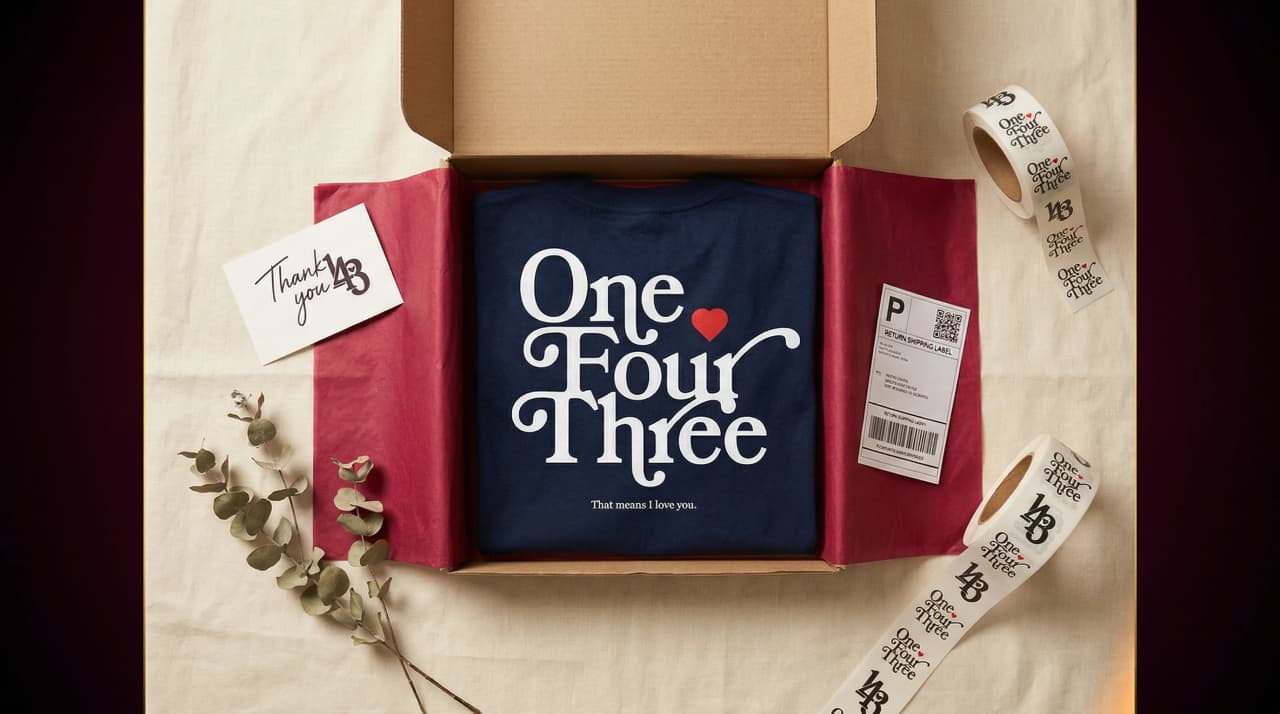 ONE4THREE returns — folded tee in branded mailer box