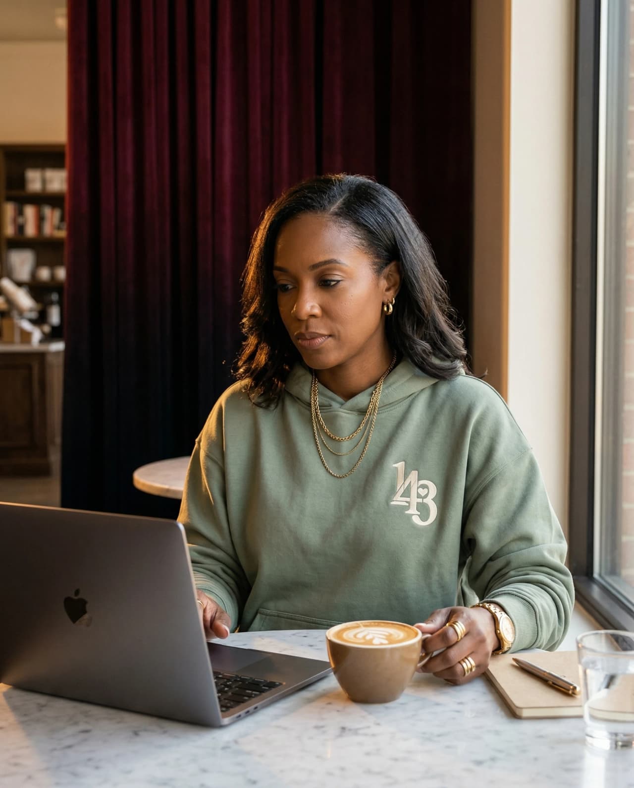 Work-from-café in sage 143 Collections hoodie
