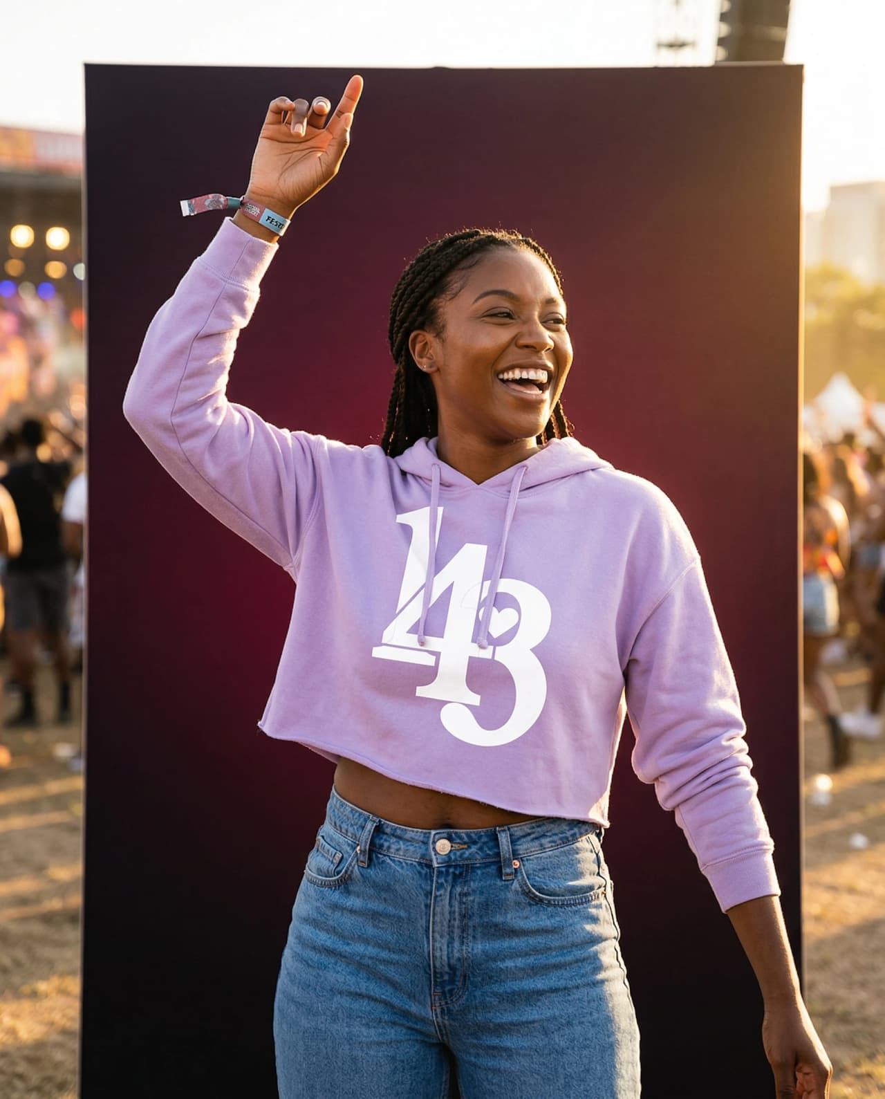 Festival style in 143 Collections crop hoodie
